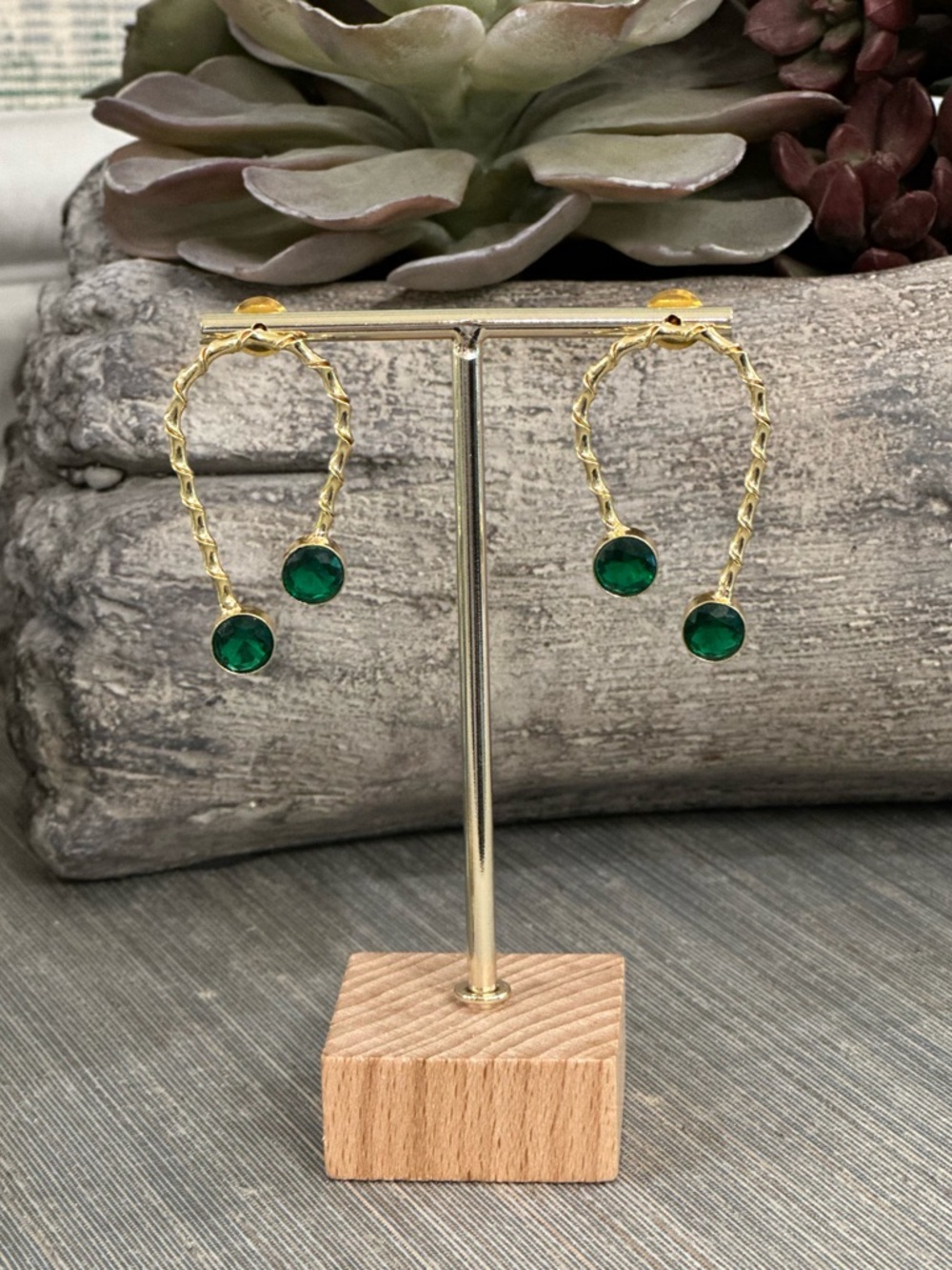 Handmade Gold Plated Earrings With Green Stones